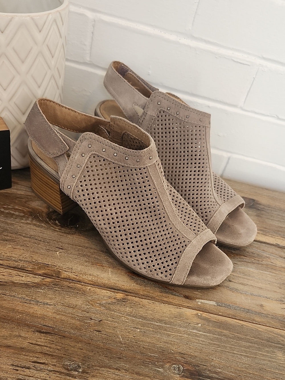 Women's Taupe Suede Peep-Toe Sandals, 8 1/2